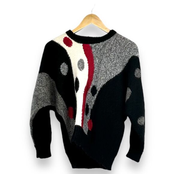Eddie Dassin Vintage Sweater Batwing Black Geometric Print 80s Women's M - Picture 1 of 4